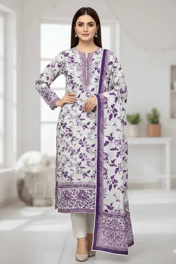 Inspired Lavender & White Floral Khaddar 3Pc Suit with Embroidered Neck (2) Inspired Lavender & White Floral Khaddar 3Pc Suit with Embroidered Neck (2)