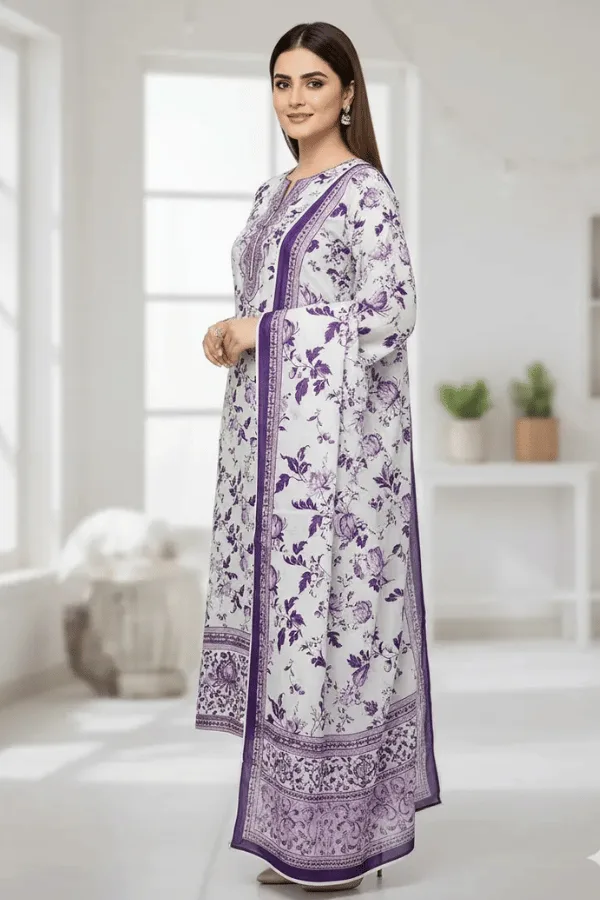 Inspired Lavender & White Floral Khaddar 3Pc Suit with Embroidered Neck (3) Inspired Lavender & White Floral Khaddar 3Pc Suit with Embroidered Neck (3)