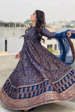 3-Piece Stitched Katan Silk Screen Printed Maxi Suit (1)