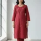 3 pcs women sitched linen red suit embroidered (1)