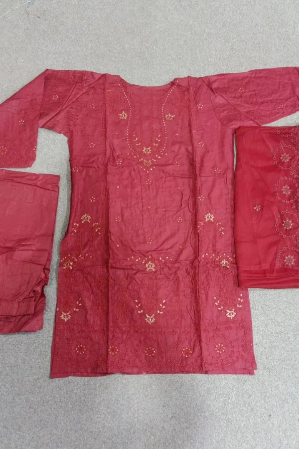 3 pcs women sitched linen red suit embroidered (2) 3 pcs women sitched linen red suit embroidered (2)