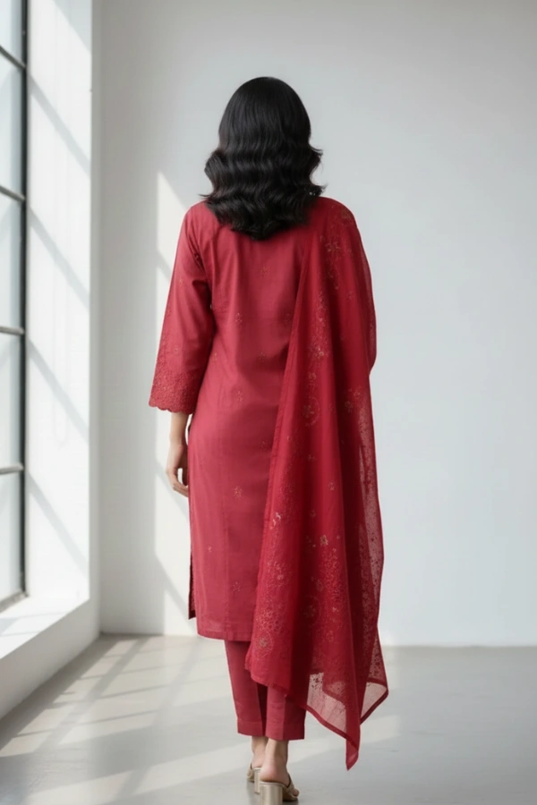 3 pcs women sitched linen red suit embroidered (3) 3 pcs women sitched linen red suit embroidered (3)