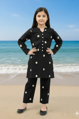 Kids Black Daisy Embroidered 2-Piece Stitched Suit – Rosa Lifestyle Hub