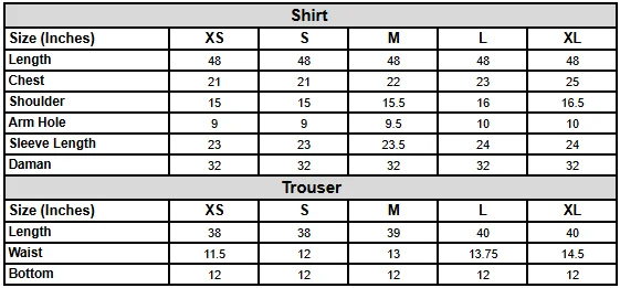 Nayab Size Chart