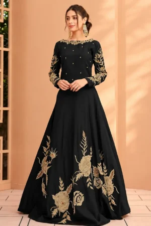 Black Shamoz Silk Maxi Suit with Gold Embroidery for Eid Wedding