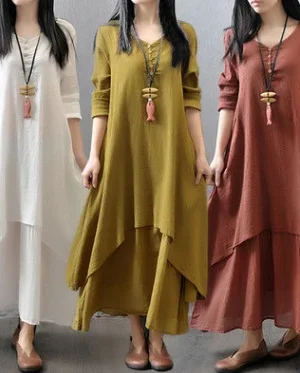 Women Linen Long Sleeve Swing Dress White