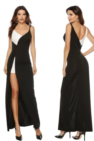 Black & White V-Neck Dress with Side Split for Pakistani Women